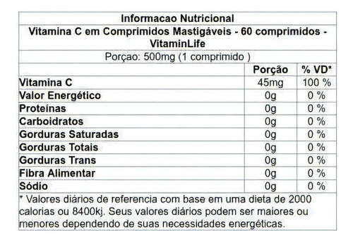 Vitamina C 60 Cápsulas - Vitamin Life Sabor Sem Sabor