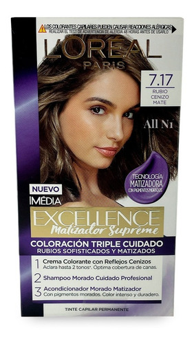 Imagen 1 de 8 de Tinte Loreal Rubio Cenizo Mate 7.17 Matizador Supreme Nf