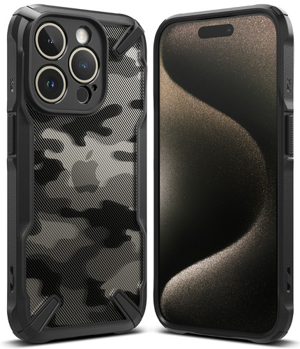 Estuche Funda Antichoque Antideslizante Delgado Rígido Protección De Grado Militar Soporte Correas Camuflado Ringke Fusion X Para Apple iPhone 15 Pro Max - Camo