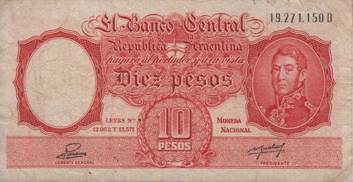 Bottero 1948 - Billete De 10 Pesos Mon. Nac. Año 1955 - Vf+