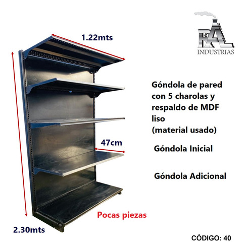 Góndola De Pared Con 5 Charolas De 1.22m X 2.30m Alto