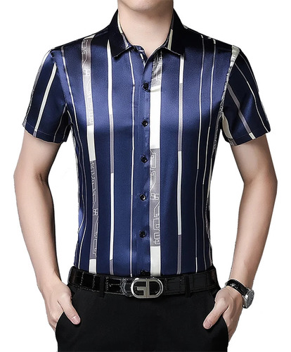 Camisa De Seda Para Hombre, Blusa A Rayas, Manga Corta, Vest