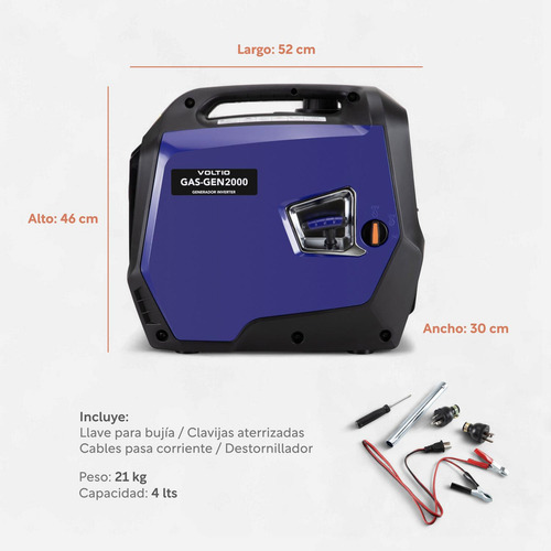 Generador Inverter a Gasolina de Corriente Eléctrica con Capacidad de 4 Litros Potencia de 2000 W Voltaje de 120 V Diseño Compacto Silencioso Inicio de Retroceso Voltio GAS-GEN2000