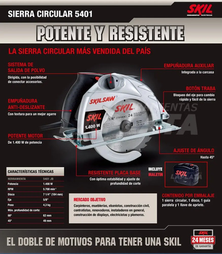 Sierra Circular Skil 5401 - 1400w 7 1/4 (184mm) | Cuotas sin interés