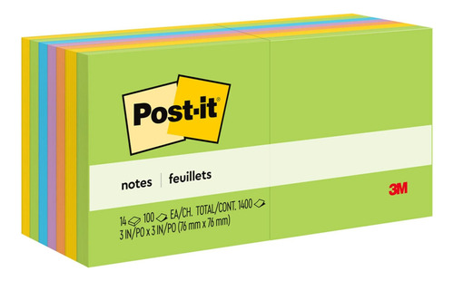 Notas Post-it, 3 In X 3 Pulgadas, 14 Almohadillas De Notas Y