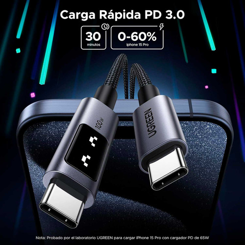 Cable Ugreen Usb-c A Usb-c Pd M/m Led 100w 1m L509-35501