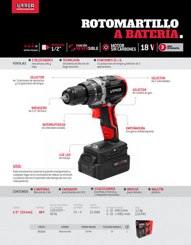 Rotomartillo 1/2 A Batería Litio-ion 18 V Urrea