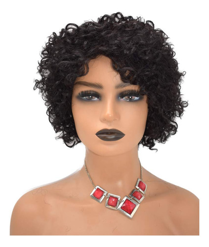 Peluca De Pelo Corto Negro Afro Cabello Humano Con Flequillo