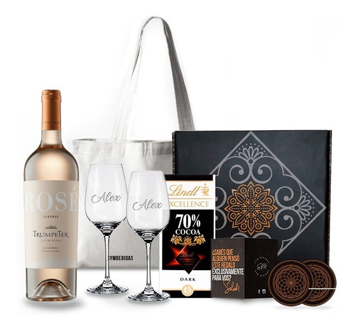 Box Vino Trumpeter Rose Copas Transparentes Chocolates Kit