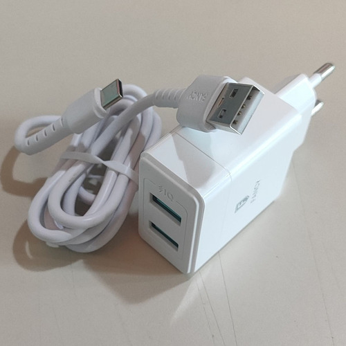 Carregador De Celular Duplo Usb + Cabo Tipo C Turbo Branco