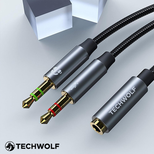 Cable Divisor Audio Para Auriculares 3.5mm En Y, Adaptador De Audio 2 Machos (audio + Micrófono) A 3.5mm Hembra Techwolf Cable Auxiliar De 3,5 Mm Para Pc Y Laptop 30cm De Longitud Color Gris