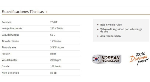 Compresor De Aire Daewoo 50 Lts 2.5 Hp Portatil + Kit Pintar