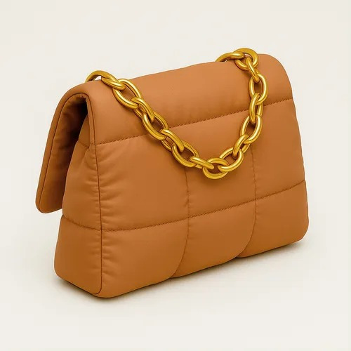 Bolsa Bandolera Mensajera Bolsa Dama Moda Mujer Acabado de los herrajes Oro Color Marrón Correa de hombro Oro Diseño de la tela Lisa