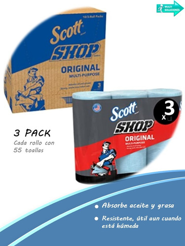 Scott Shop Toalla Limpieza  Multiproposito Pack De 3 Rollos