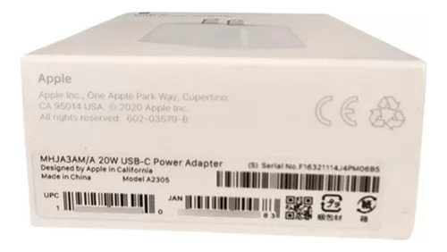 Apple Power Adapter 20w Usb-c Blanco Mhja3am/a Model: A2305