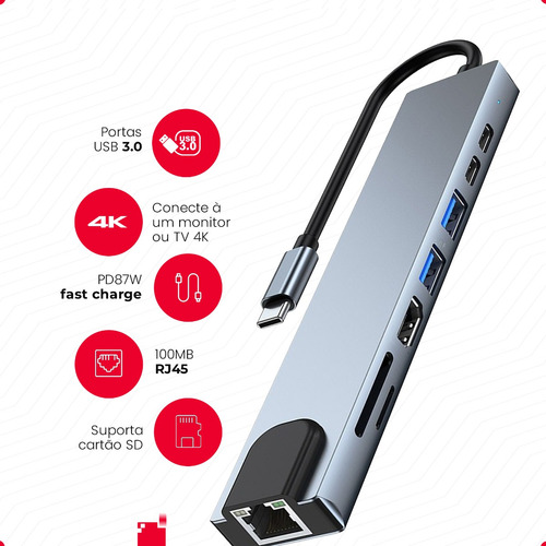Adaptador Hub Macbook Air M1 M2 E Pro 8 Em 1 Usb-c Hdmi 4k