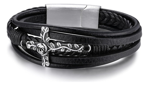 Keystyle Pulsera De Cuero Con Cruz Punk Para Hombre, Pulsera