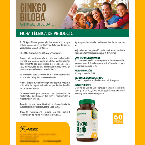 Ginkgo Biloba |60 Cápsulas |Sin sabor |Aumenta tu claridad mental mejora tu enfoque y apoya tu bienestar cerebral con este suplemento natural lKukamonga
