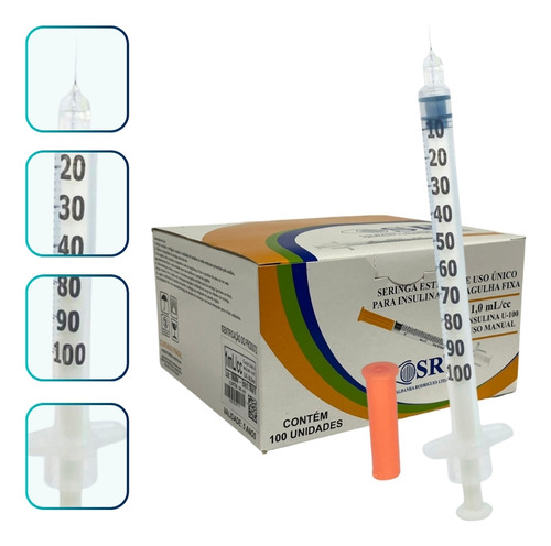 Seringa P/ Insulina Curta Ultrafina 1ml 6mm 0,25mm 100ui -sr Capacidade em volume 1 mL