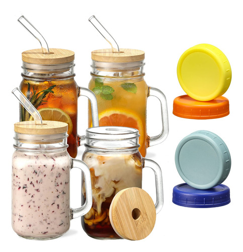 4 Vasos O Tazas De Vidrio Con Pajitas Y Tapas De Bambu 16onz