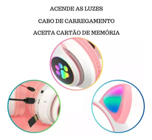 Fone De Ouvido Bluetooth Orelha Gatinho Infantil Led Rgb Sem Fio Catear D47