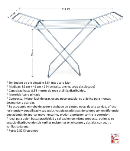 Imagen 2 de 10 de Tendedero De Pie Plegable Acero 8 Mts Ropa Mor - Garageimpo