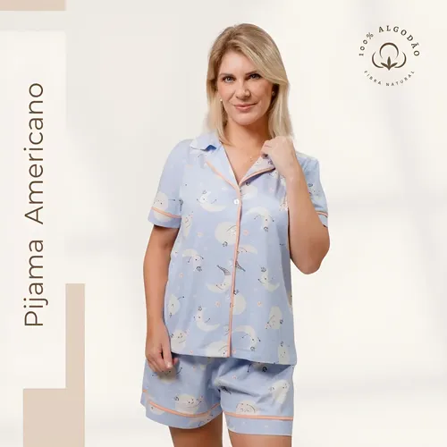 Pijama Algodão Feminino Curto Com Botões Adulto - Lua Azul