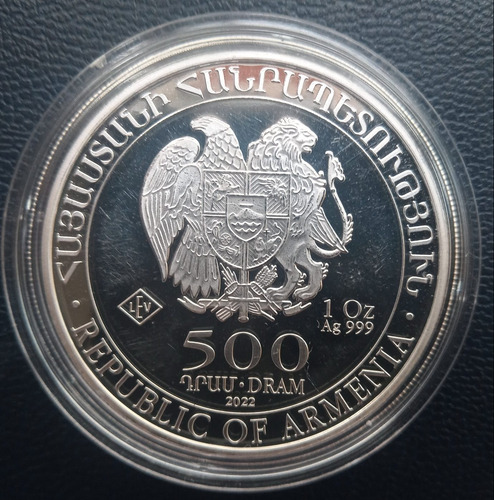 Imagen 2 de 4 de Moneda De 500 Dram Onza De Plata Pura De Armenia Año 2022.