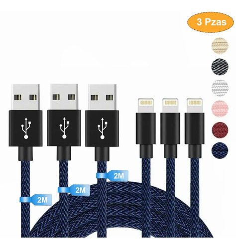 Cable Cargador Para iPhone Cable Lightning Usb Nylon 2m 3pzs Color Negro Azul