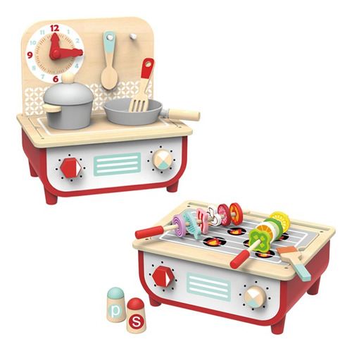 Juego De Cocina + Barbaoca De Madera Tooky Toy + Accesorios