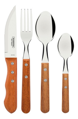 Juego De Cubiertos Dynamic Con Láminas De Acero Inoxidable Y Mangos De Madera Natural 24 Pzs Tramontina En Caja Madera