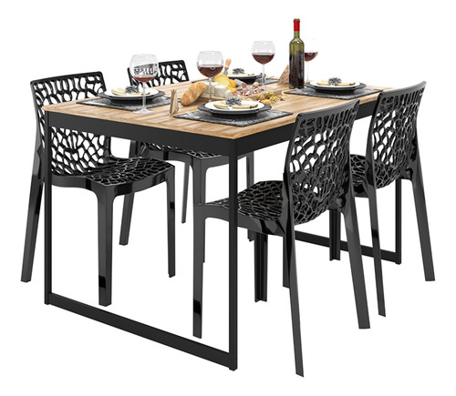 Conjunto De Mesa De Jantar 120x90 Cm + 4 Cadeiras Gruvyer Industrial Em Madeira E Ferro Tampo Laminado E Pés Pretos, Design Nórdico Para Sala De Jantar Ou Cozinha