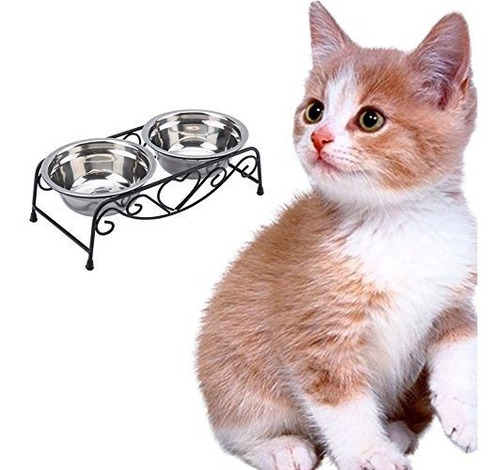 Yosoo Double Stainless Steel Bowls Cat Pet Food Water Feeder