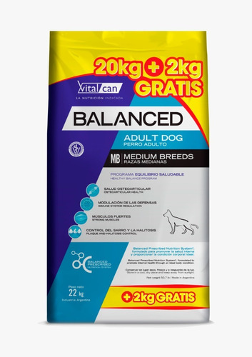 Vitalcan Balanced Adulto Mediano 20 +2 = 22 Kg Kangoo Pet