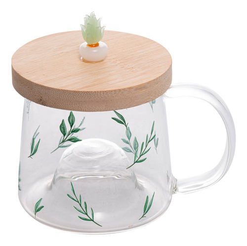 Caneca De Vidro Borossilicato Suculenta Pires De Bambu 350ml