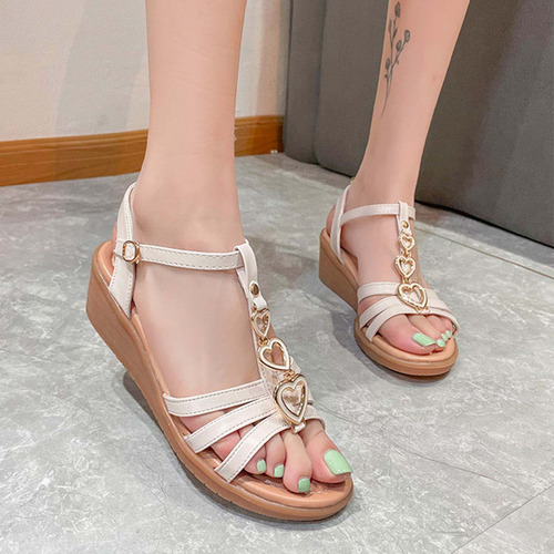 Sandalias Con Cuña Para Mujer, Decoración En Forma De Corazó
