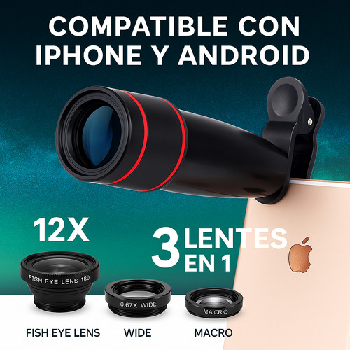 Lente Zoom Teleobjetivo 12x Con Trípode Para Celular