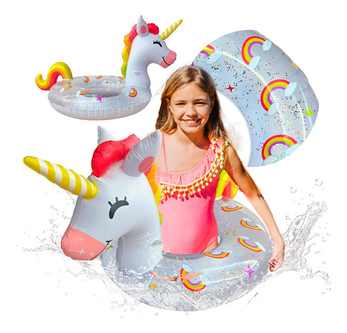 Salvavidas Inflable Unicornio Arcoíris Kawai Blanco Flotador