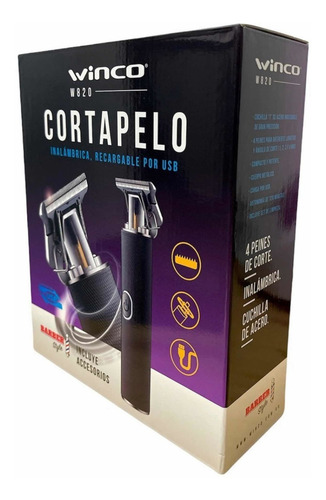 Imagen 4 de 6 de Maquina De Cortar Pelo Inalambrica Barba Patilla Winco W-820 Color Negro