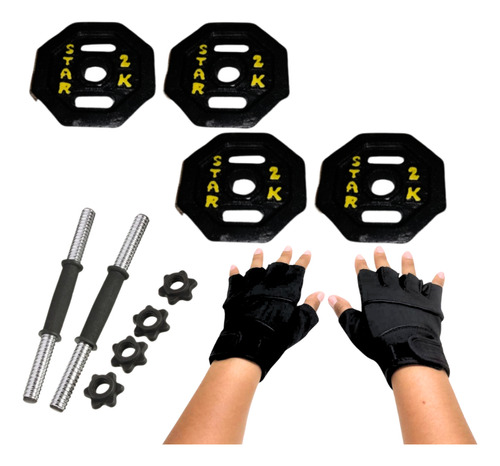 Discos Pesa Barra Recta Guantes + Manubrios Pvc Set Pack 8kg