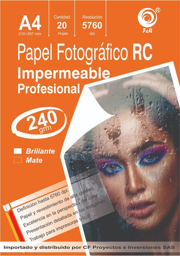 Papel Fotográfico Rc Brillante Profesional 240 Grs A4 10 Paq Color Blanco