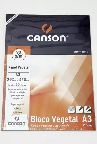 CANSON Bloco Papel Vegetal A3, 90 g/m², 50 Folhas, Translúcido