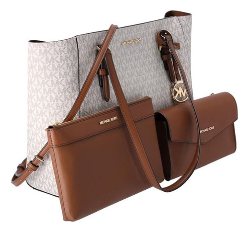 Bolso bandolera Michael Charlotte, 3 x 1, blanco y marrón, con marco de herrajes, color dorado, diseño de tela blanca, liso