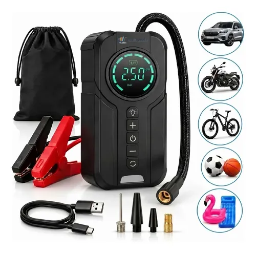 Auxiliar de Partida Compressor Portatil Carregador Bateria 12V Emergência Veicular Multigoods Carro Moto