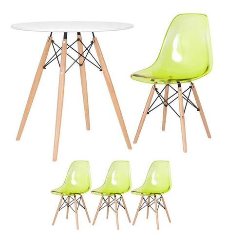 Kit Mesa Eames Wood 70 Cm 3 Cadeiras Acrílicas Eiffel Cor Mesa branco com cadeiras verde translúcido