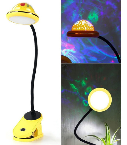 Lámpara con clip de proyección de estrellas recargable por USB para niños, marco de color amarillo