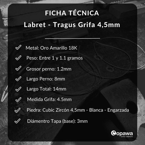 Piercing Labret Tragus Oro 18k Grifa 4.5mm - Copawa Joyas