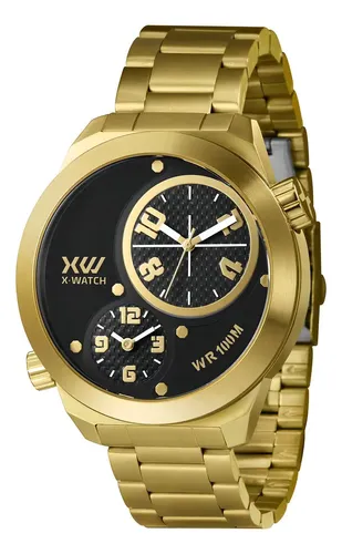 Relógio X-watch Masculino Analógico Dual Time Dourado 100m