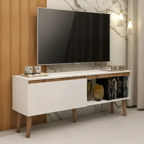 Rack Para Sala Branco Retrô 130cm Madeira Para Tv Até 55 Pol Berlin 130cm