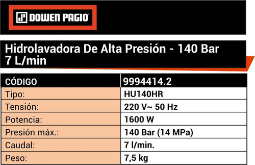 Hidrolavadora Alta Presión 140 Bar 1600w Dowen Pagio